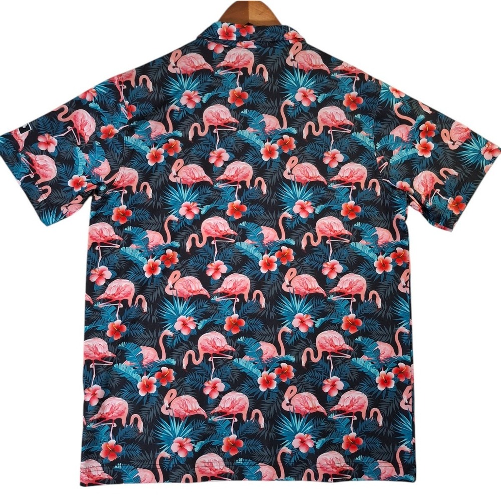 Waggle Beach Golf Polo Shirt Womens Large Blue Pink Flamingo All Over Print - Picture 2 of 7